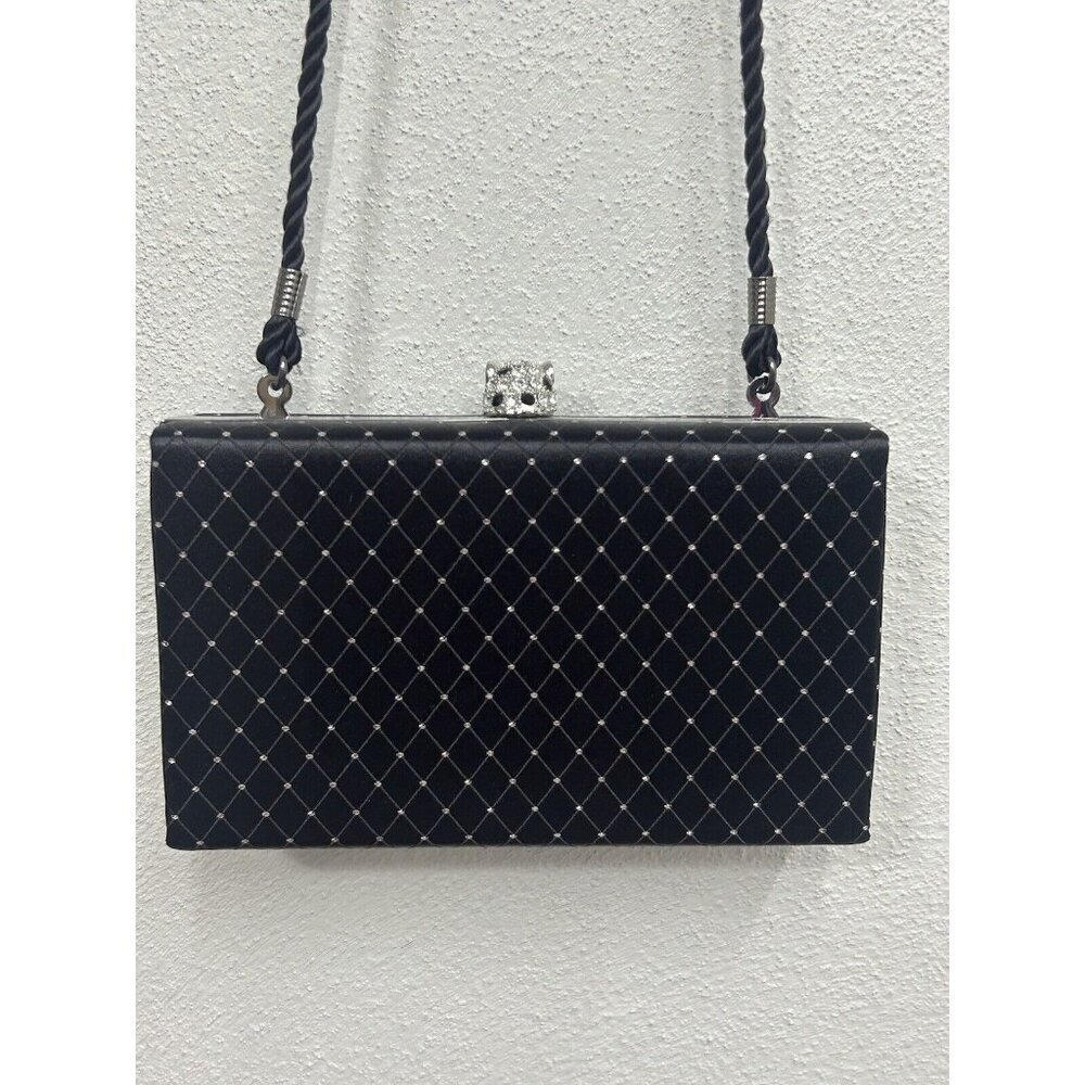 KENNETH JAY LANE Crossbody Clutch Bag Black Satin Rhinestone Crystal Mouse Glam